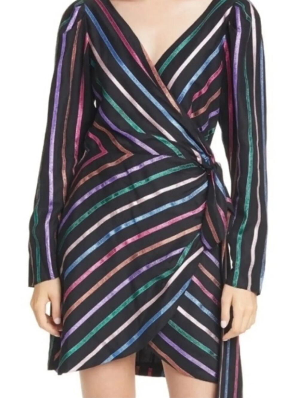 Tanya TAYLOR Striped Wrap Mini Dress in Black with Multicolor Stripes